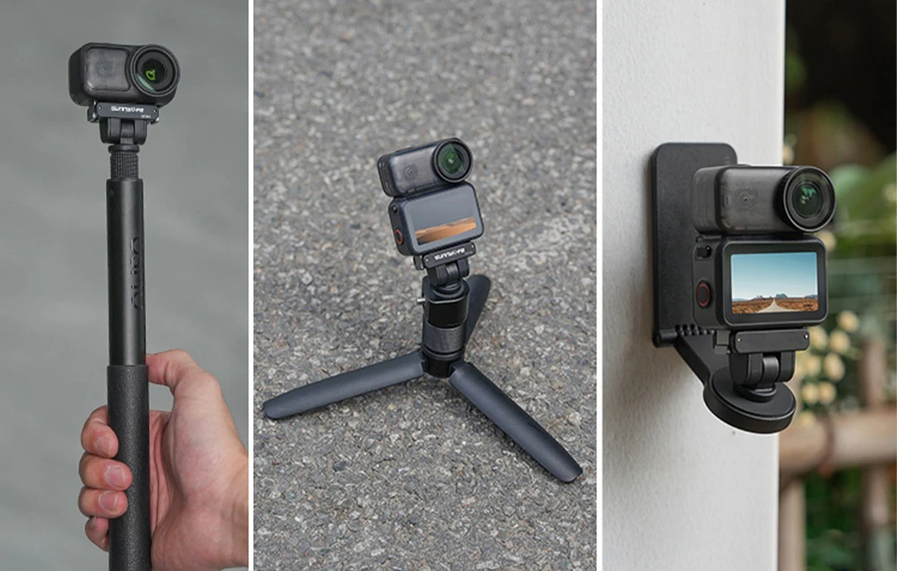 O mână ține un selfie stick cu o cameră. Camera este montată pe un trepied. Camera este montată pe un suport de perete cu o bază rotundă.