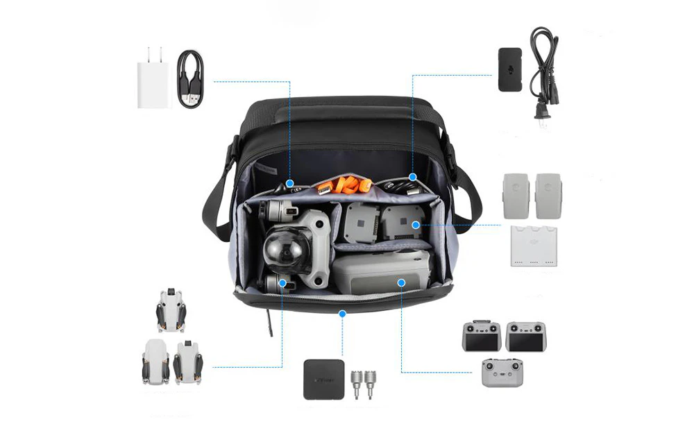 Geantă neagră deschisă cu dronă și accesorii vizibile în interior