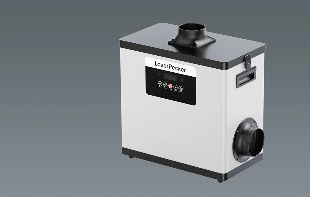 Render 3D al dispozitivului LaserPecker cu prize de aer vizibile și panou de control pe un fundal gri
