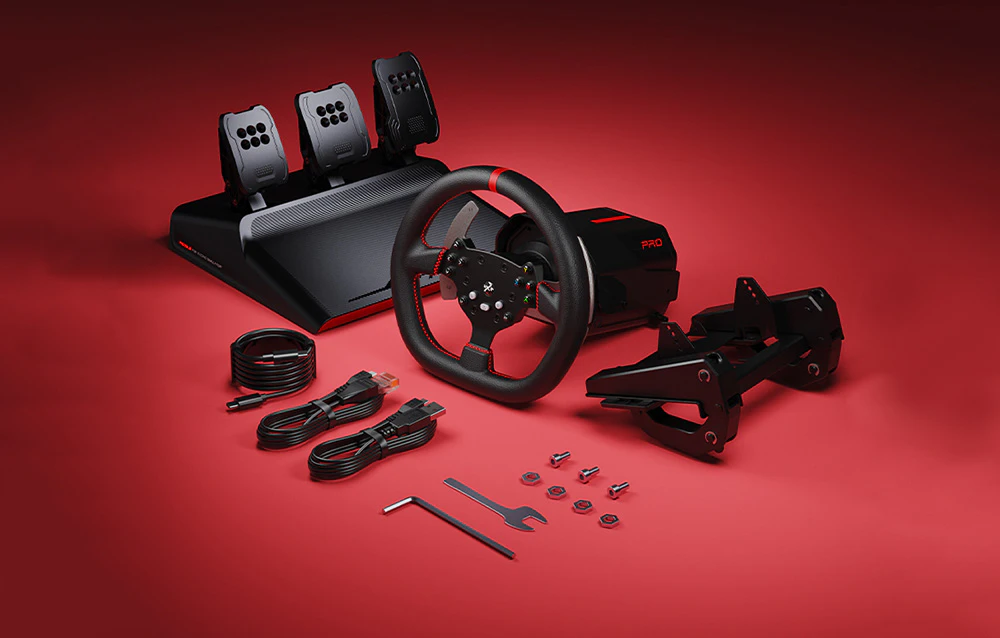 Kit complet de jocuri PXN-V10 Pro cu volan, pedale, cleme de fixare și toate accesoriile pe fundal roșu