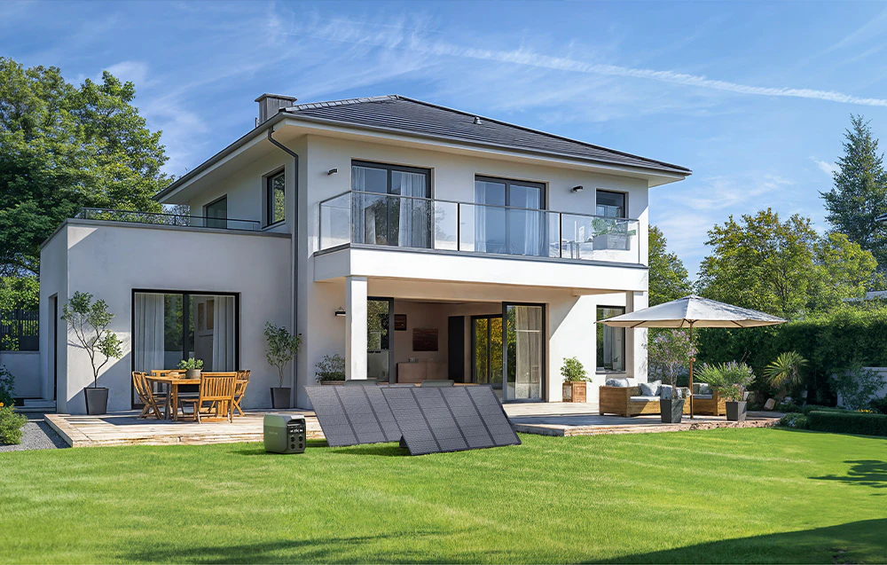 Stația de alimentare portabilă EcoFlow alimentează panourile solare din fața unei case albe din grădină.