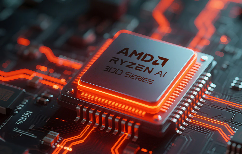 Procesorul AMD Ryzen AI seria 300 montat pe placa de bază, înconjurat de circuite luminoase.