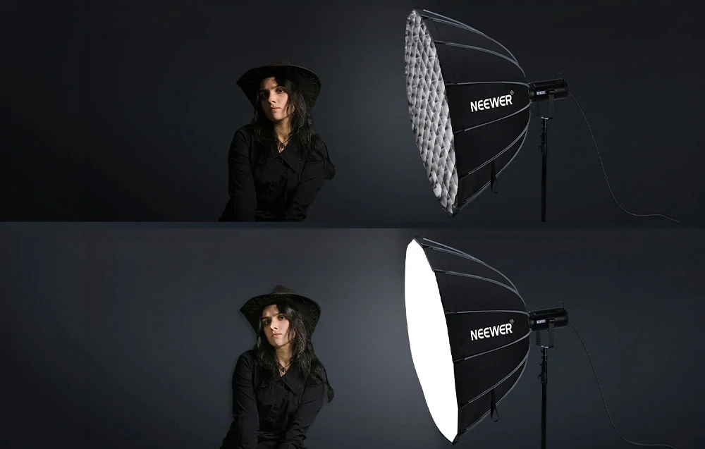 Comparație între efectele de iluminare: un model iluminat de un softbox cu grilă (sus) și un softbox fără grilă (jos).