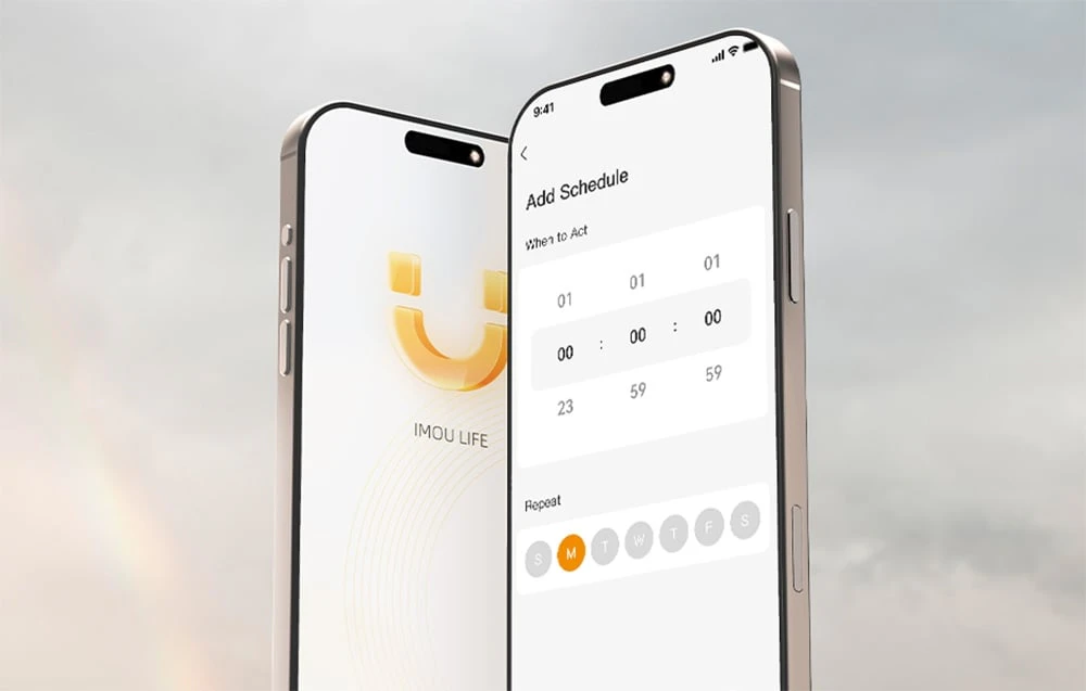 Două smartphone-uri: unul cu logo-ul Imou Life, celălalt cu meniul „Add Schedule” (Adăugare program) deschis, afișând ora și zilele săptămânii