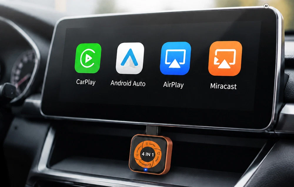 Ecranul din mașină cu pictogramele CarPlay, Android Auto, AirPlay și Miracast, plus un adaptor 4-în-1