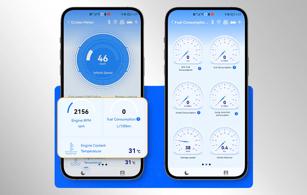 Ecrane ale aplicației mobile care afișează viteza, turația motorului, temperatura lichidului de răcire și consumul de combustibil