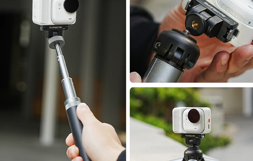 Camera pe suportul cu eliberare rapidă atașat la un braț de extensie și un prim-plan al filetului de montare inferior al suportului cu eliberare rapidă.