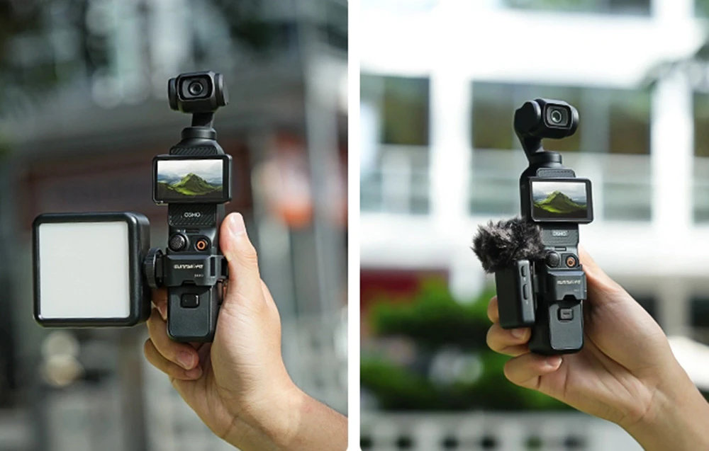 Camera DJI Pocket ținută în mână cu lumina LED montată în stânga și microfonul cu protecție împotriva vântului în dreapta