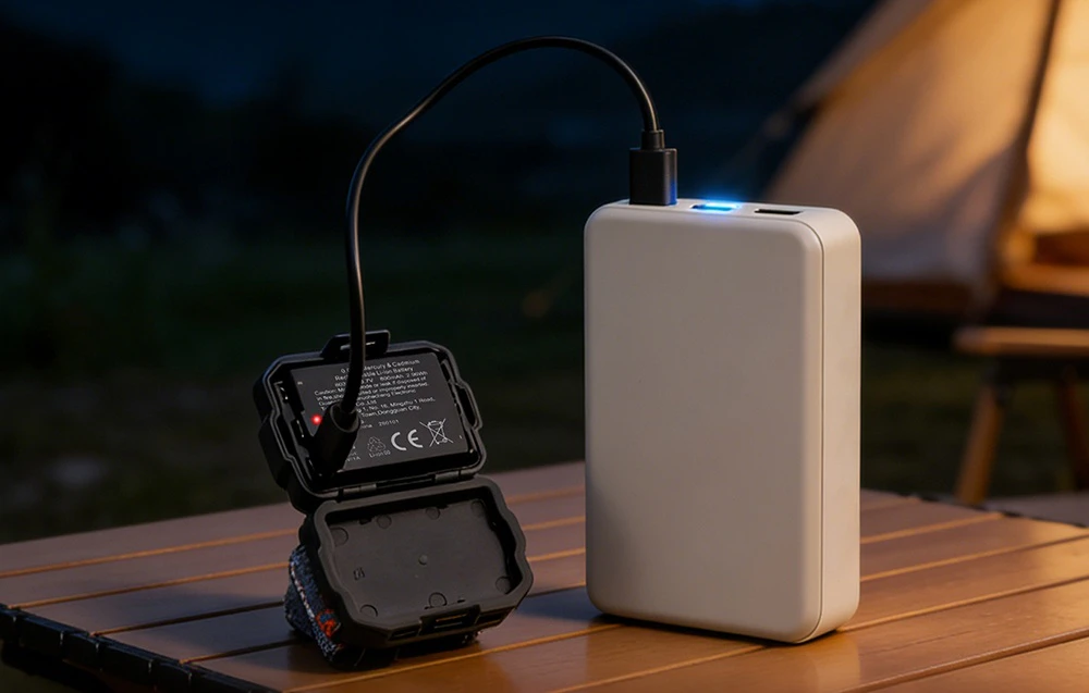 Modulul de baterie deschis al lanternei frontale este conectat printr-un cablu USB la o baterie externă albă așezată pe o masă