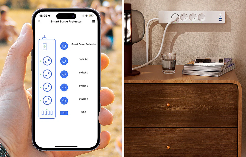În stânga, ecranul unui smartphone cu o aplicație pentru a controla bara de alimentare, în dreapta, bara montată deasupra unui dulap cu o lumină conectată