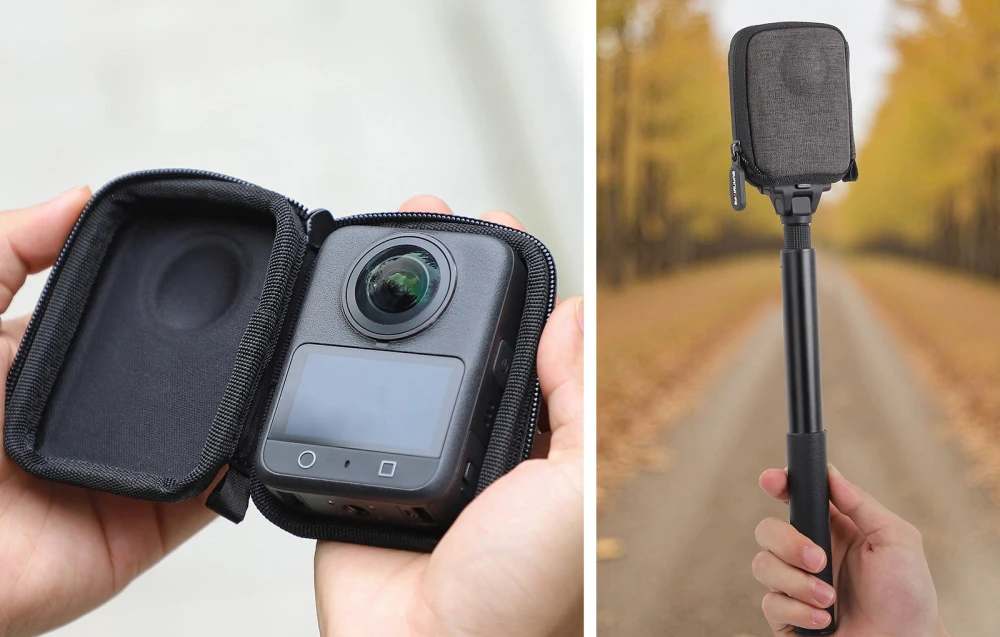 Diptych: carcasă deschisă cu cameră panoramică în interior și capac pentru selfie stick pe fundal de toamnă în aer liber