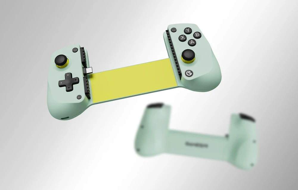 Controler GameSir verde fără telefon, întins în poziție pregătită pentru montarea smartphone-ului.