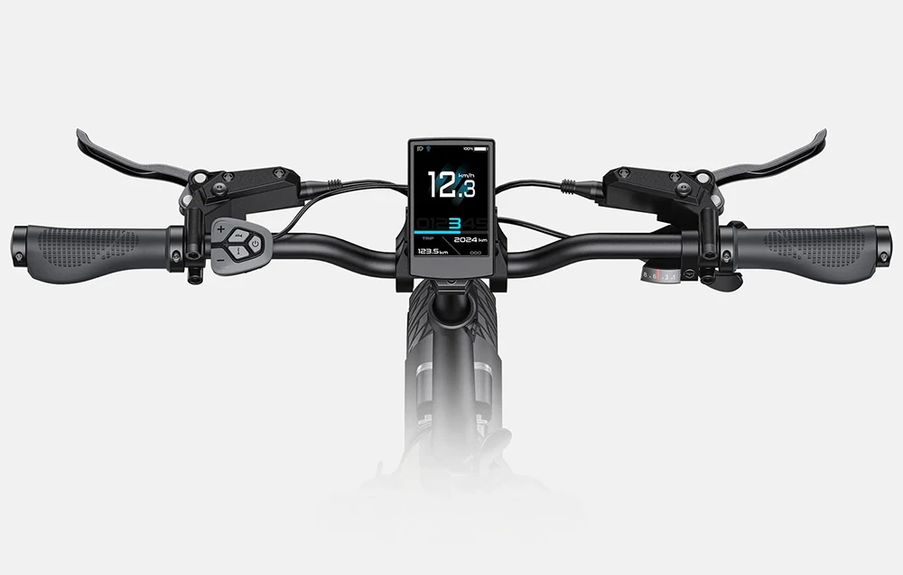 Prim-plan al ghidonului bicicletei electrice