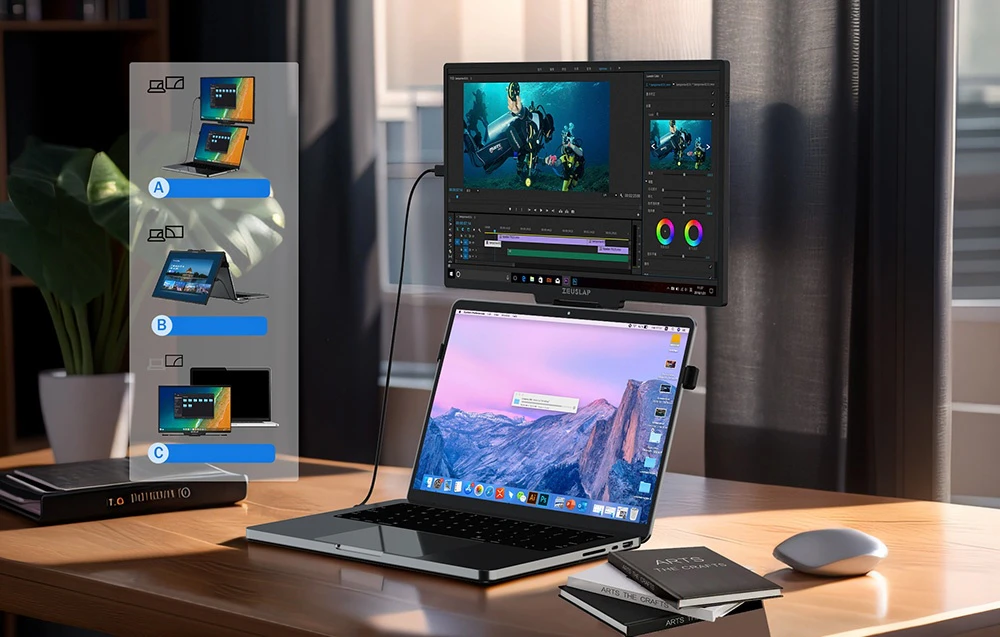 Un laptop cu un monitor ZEUSLAP așezat vertical pe un birou în timpul editării video, cu un mouse și un caiet lângă el