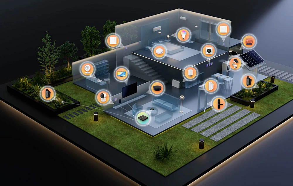 Un model în secțiune transversală al unei case inteligente cu diverse pictograme ale dispozitivelor IoT care indică sistemele integrate în cameră și grădină