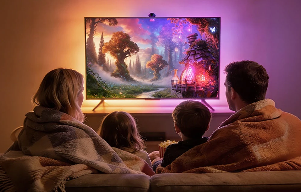 O familie cu doi copii stă pe canapea sub o pătură, urmărind un desen animat; peretele din spatele televizorului este iluminat cu lumini colorate