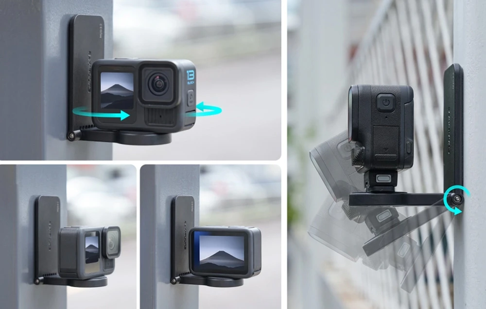 Cameră GoPro montată pe o suprafață metalică cu un suport magnetic rotativ, prezentată din diferite unghiuri și reglabilitate
