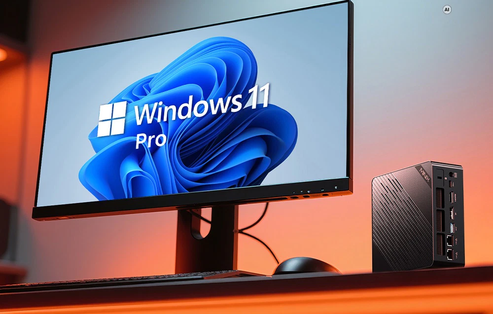 O stație de lucru cu un monitor care afișează logo-ul Windows 11 Pro și un Minix Mini PC