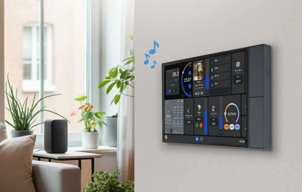 Panou tactil smart home negru pe perete în camera de zi cu difuzor și plante