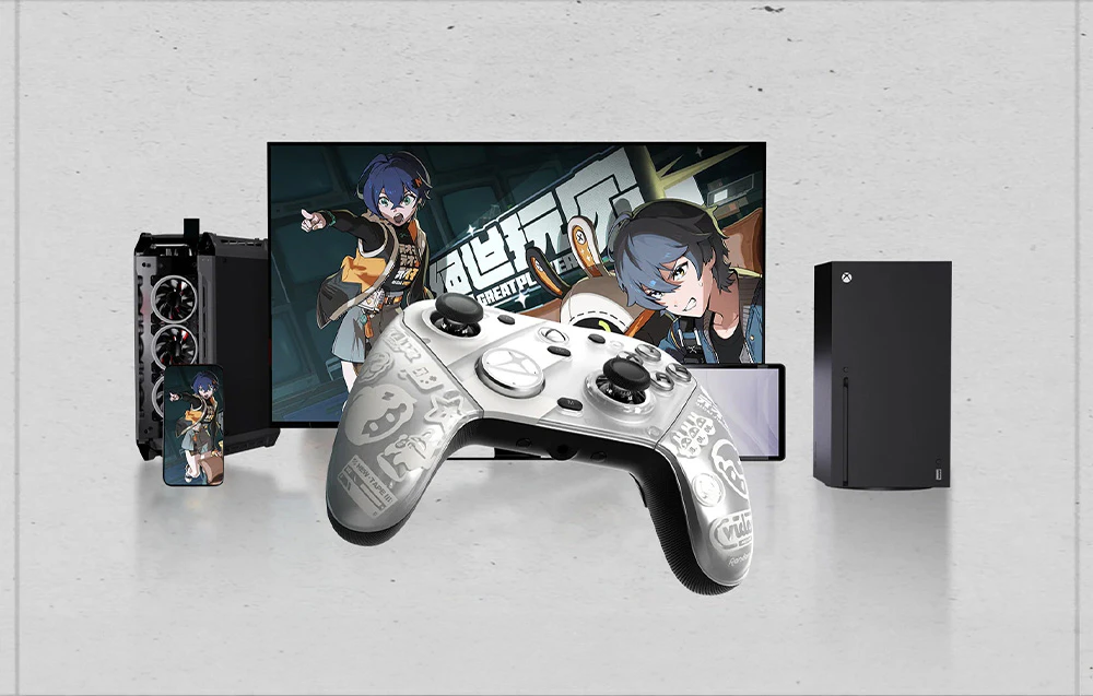 Controler stilizat cu grafică în jurul monitorului, telefonului, plăcii grafice și consolei Xbox Series X.