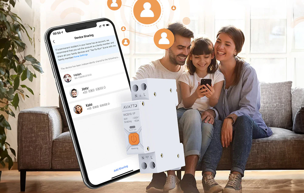 O familie cu un copil pe canapea care controlează întrerupătorul WiFi prin intermediul unei aplicații mobile partajabile