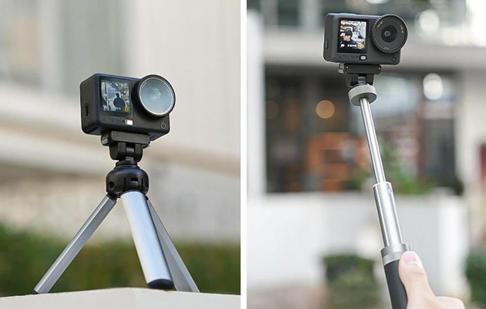În stânga, o cameră pe un trepied mic; în dreapta, aceeași cameră montată pe un selfie stick extensibil.