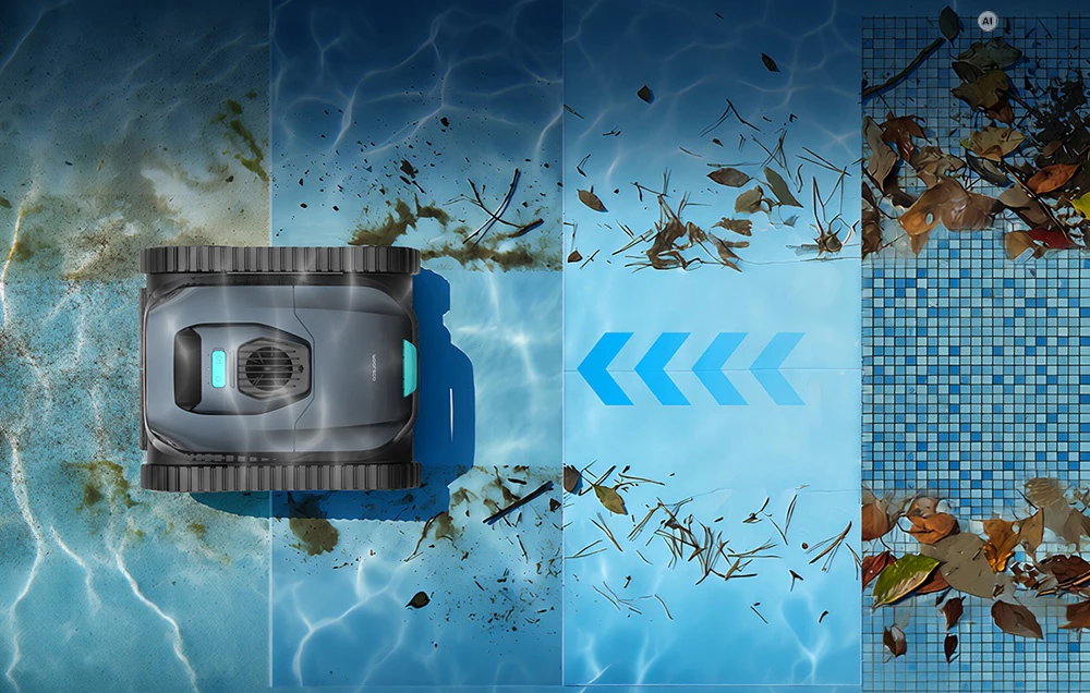 O ilustrație care arată curățarea pas cu pas a fundului piscinei de către un robot de curățare a piscinei, privită de sus