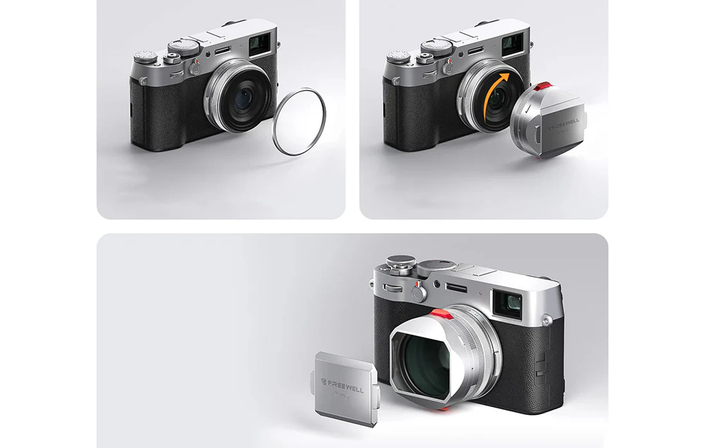 2 fotografii care prezintă instalarea parasolarului Freewell și a capacului magnetic cu NFC.