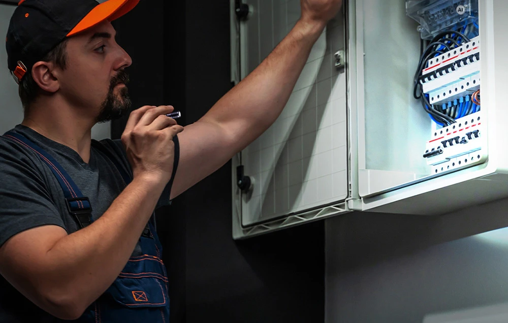 Un electrician care poartă o șapcă luminează o cutie de siguranțe cu o mică lanternă cu LED