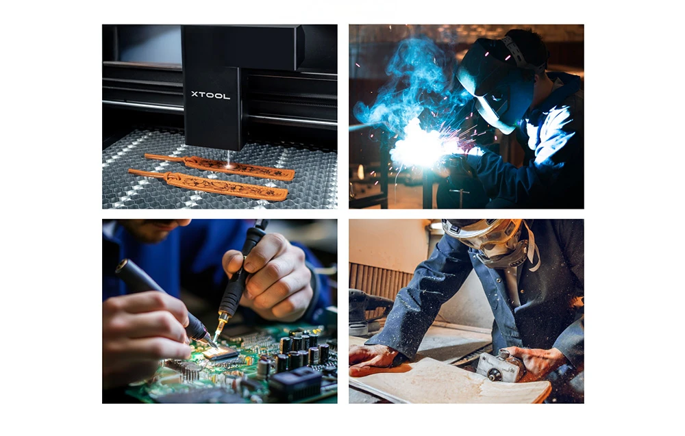 Colaj de patru fotografii care prezintă gravarea cu laser, sudarea, lipirea componentelor electronice și tăierea lemnului