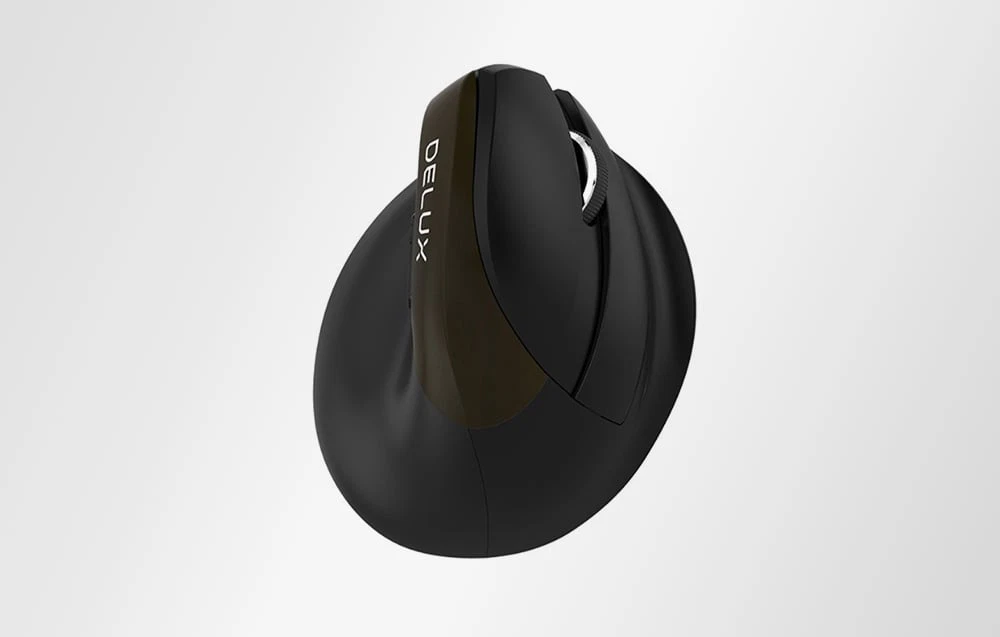 Un mouse vertical ergonomic prezentat de sus, cu rotița de derulare și butoanele vizibile.