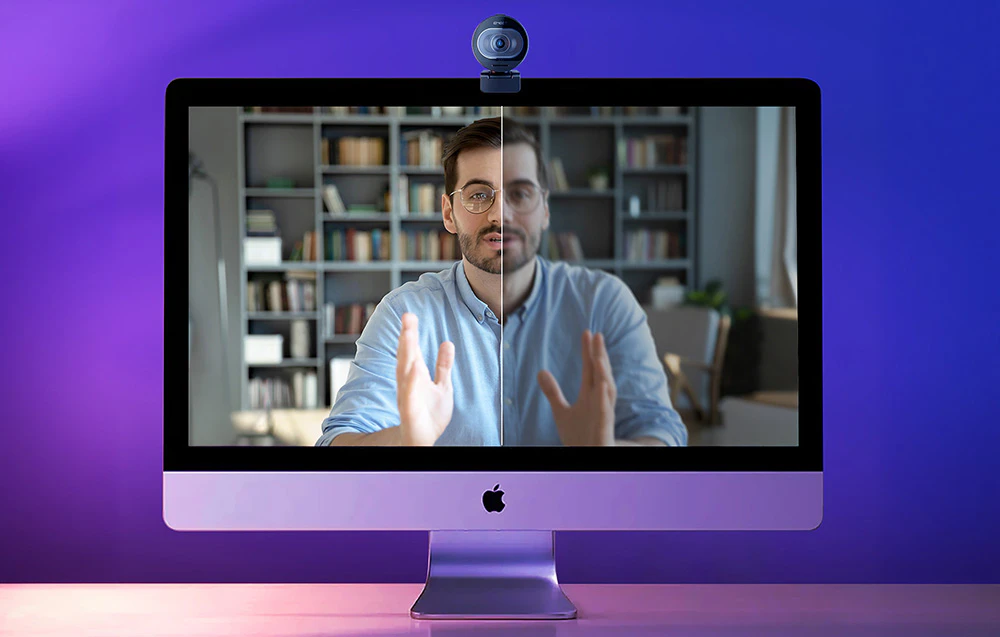O comparație a calității imaginii pe monitor, unde partea stângă este clară și precisă, iar partea dreaptă este neclară și mai întunecată.
