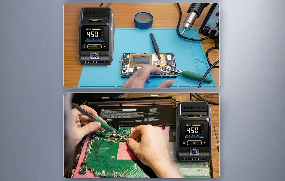 Două imagini: cea de sus arată un telefon în curs de reparare pe un covoraș; cea de jos arată înlocuirea unor componente pe placa de bază a unui laptop.