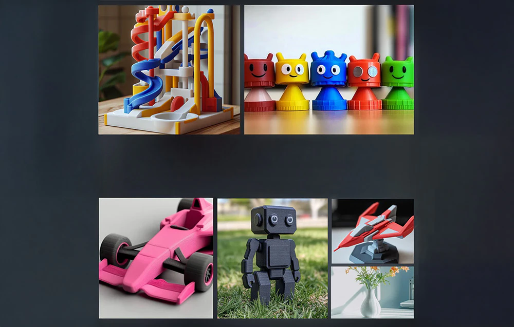 Un set de obiecte imprimate colorate, inclusiv un traseu cu obstacole, roboți mici, o mașină de curse și o vază.