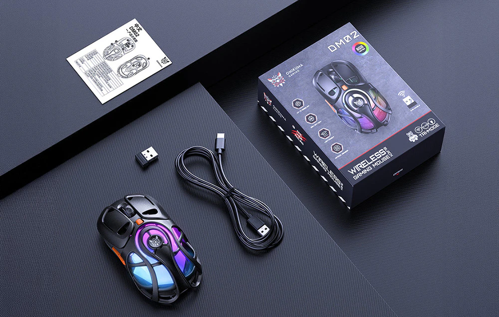 Mouse negru pentru calculator, receptor, cablu, ambalaj și manual de utilizare pe baze geometrice gri