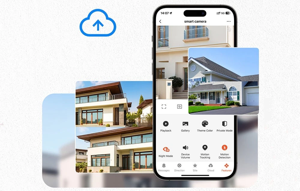 Ecranul unui smartphone cu o aplicație de cameră inteligentă care afișează imaginea camerei pe fundalul unor fotografii cu clădiri moderne
