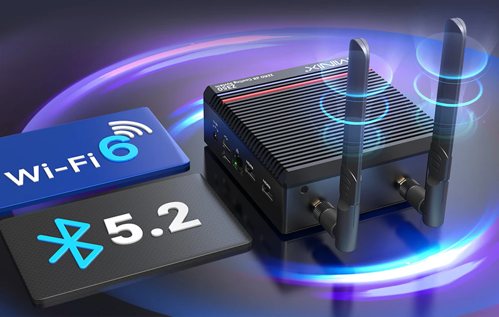 Mini PC Minix cu spatele în picioare, cu imitații de unde de comunicare trecând peste antene. Lângă el simbolurile pentru WI-FI 6 și Bluetooth 5.2.