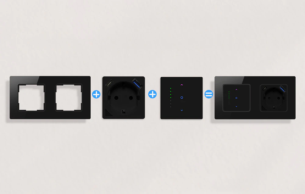 Exemplu de configurație a modulului: cadru negru, priză USB și dimmer tactil.