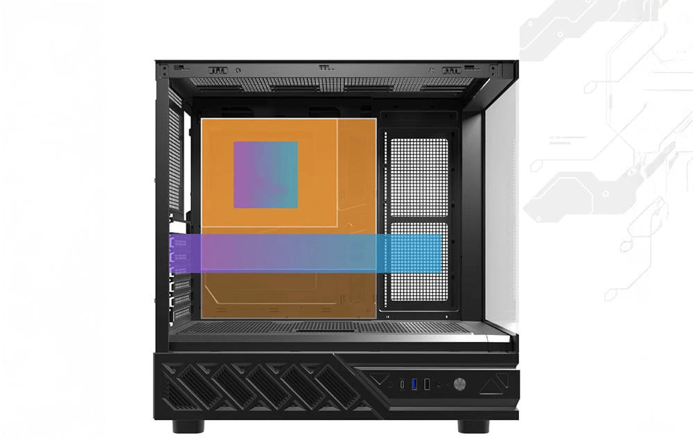 Grafic care arată compatibilitatea dimensiunilor componentelor într-o carcasă neagră pentru PC