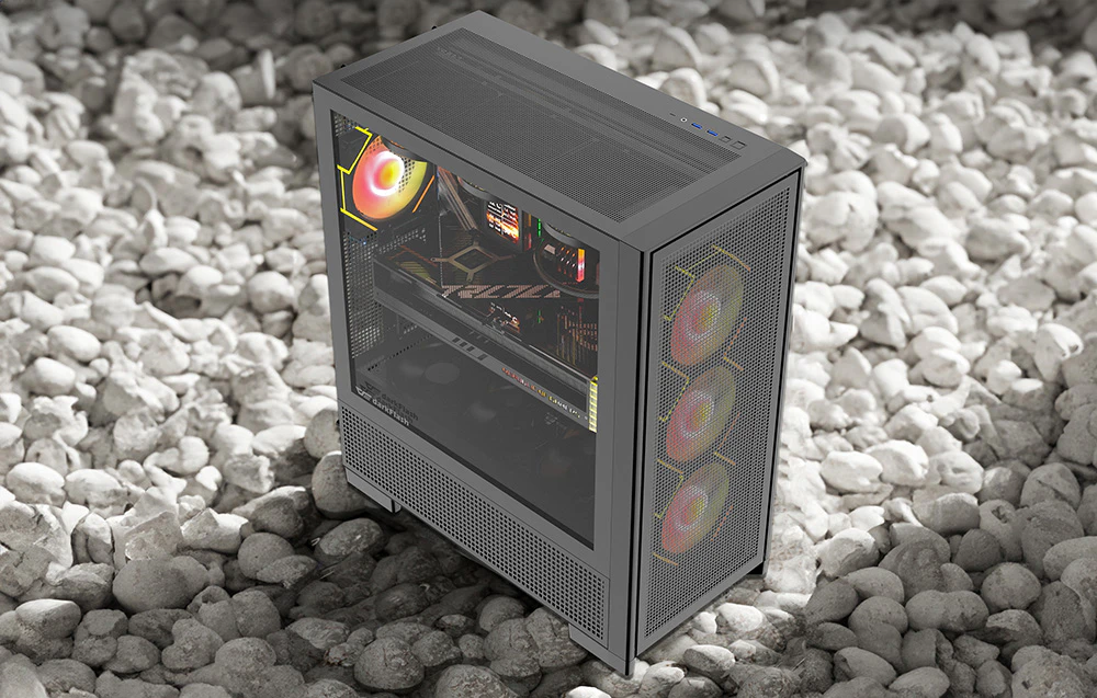 Carcasă de computer neagră cu ventilatoare colorate pe pietre