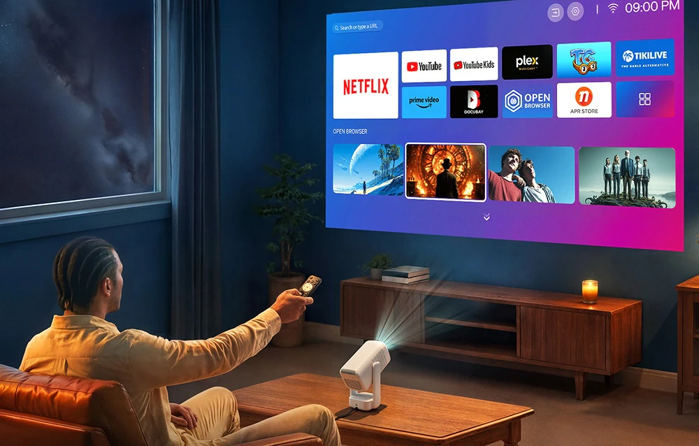 Un bărbat într-un fotoliu folosește o telecomandă pentru a naviga în meniul cu aplicațiile Netflix și YouTube afișate de proiector