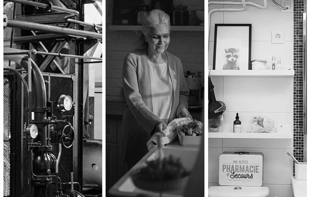 Trei fotografii alb-negru: țevi industriale, o femeie zâmbitoare în bucătărie și o trusă de prim ajutor cu eticheta „Ma petite Pharmacie de Secours”