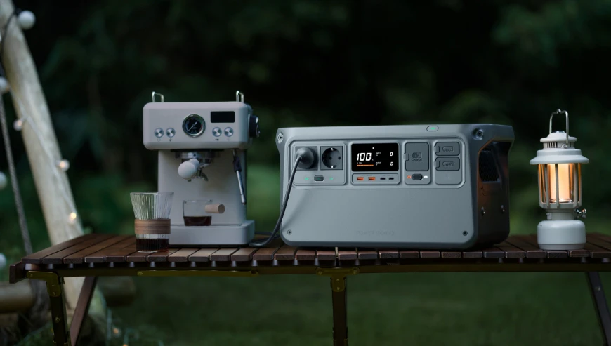 stație dji Power 1000 V2 alimentează un espressor de cafea în curte