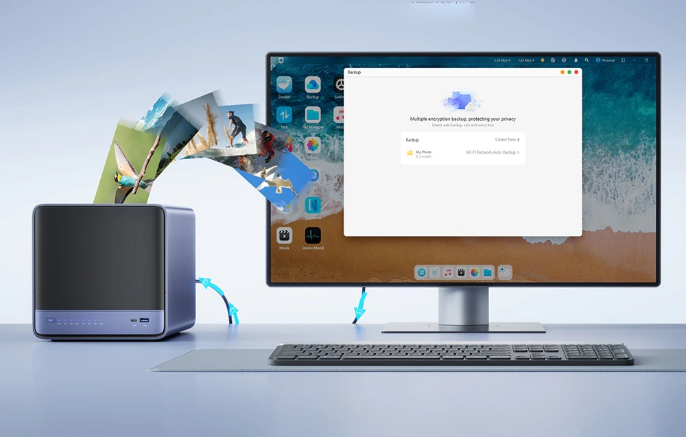 Un server NAS conectat la un monitor de computer care afișează o interfață de backup pentru fotografii.