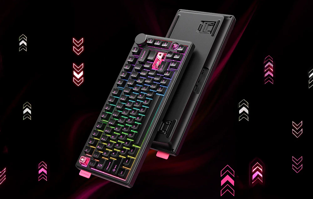 1 tastatură Onikuma neagră pe fundal negru cu săgeți colorate