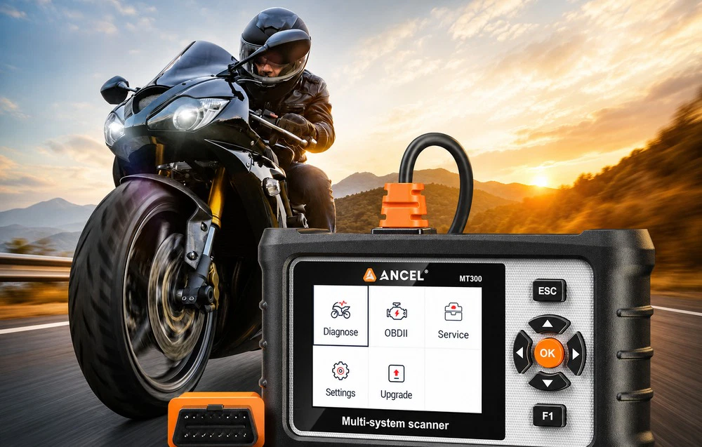 Scanerul de diagnosticare ANCEL MT300 cu meniul principal afișat pe ecran, prezentat pe fundalul unui motociclist care circulă pe o autostradă