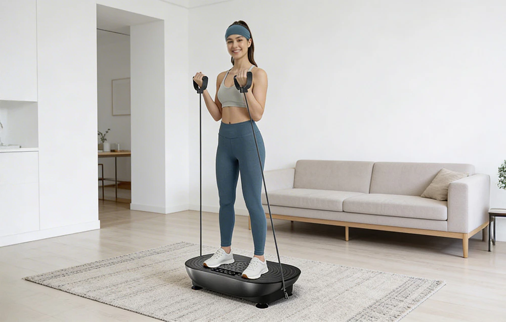 O femeie stând pe platforma vibratoare în sufrageria ei, purtând îmbrăcăminte sport