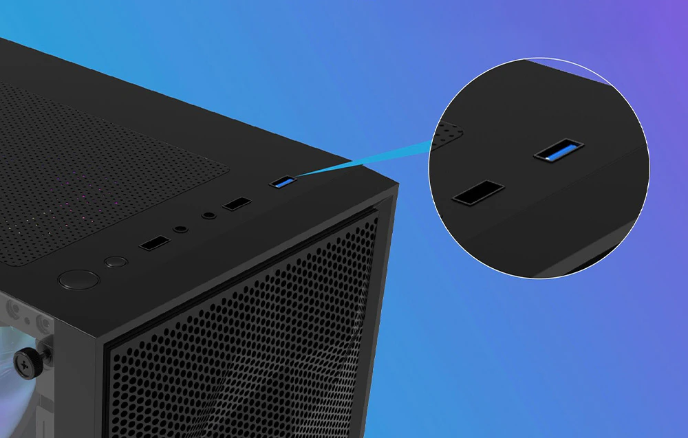 Un prim plan al panoului I/O al șasiului Darkflash M305 Mesh.