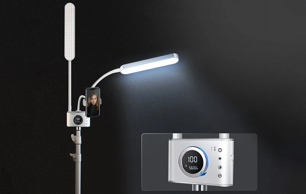 Lampă LED cu două panouri de lumină reglabile, un suport pentru telefon și un panou de control cu afișaj