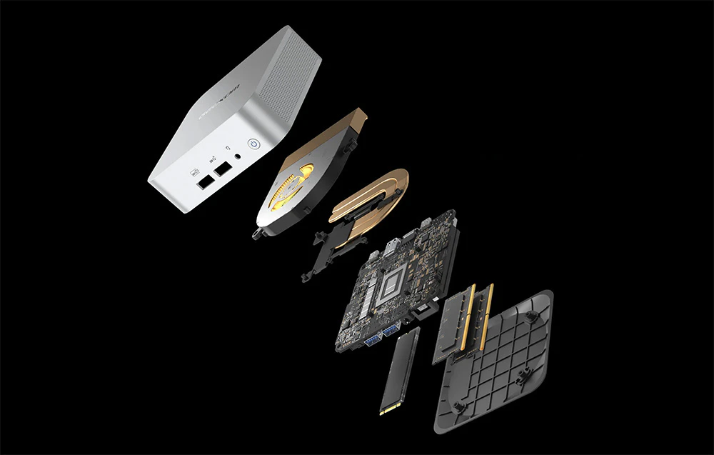 O ilustrație care arată interiorul mini PC-ului cu componente vizibile, precum ventilatorul, placa de bază și memoria.